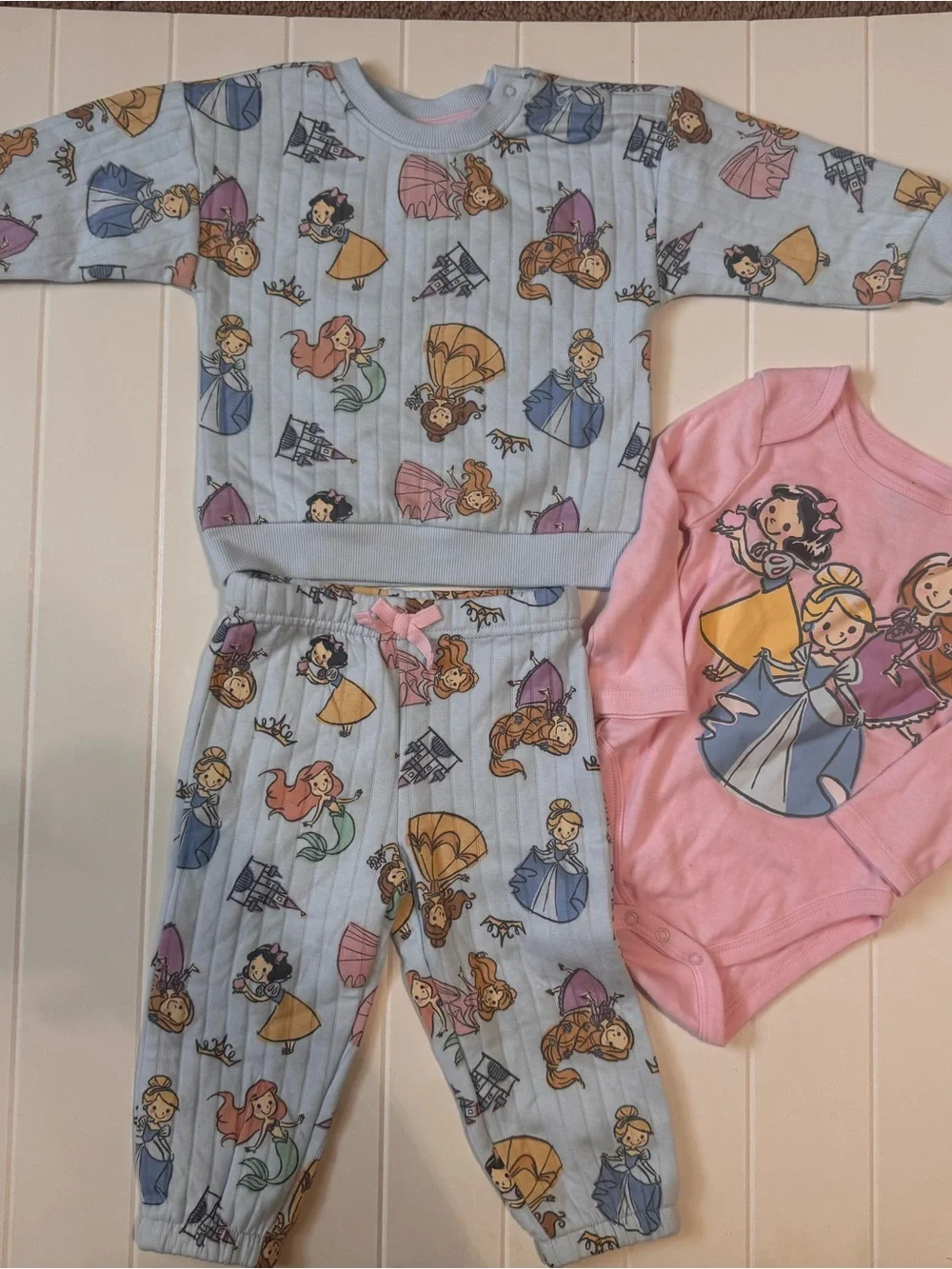 Disney Baby Princess Outfit Lot 12M Quilted Top Joggers Pink Bodysuit